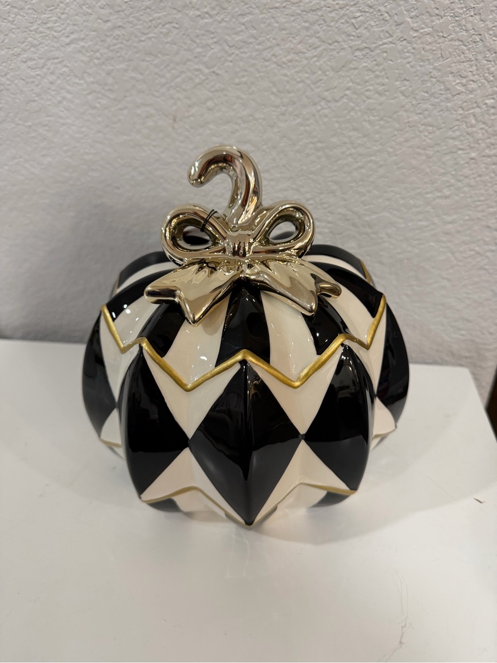 Decorative Black and White Ceramic Pumpkin with Gold Accent
